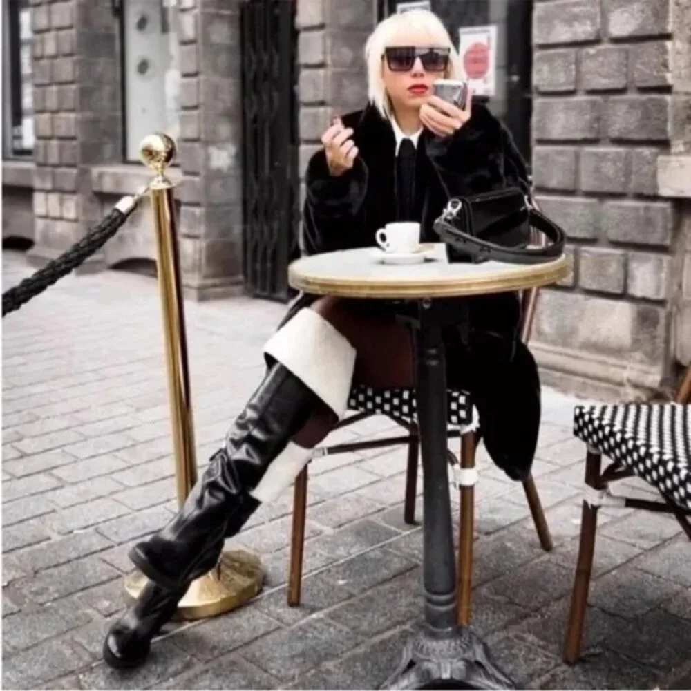 Zara Over The Knee Leather Boots with Faux Shearling Lining